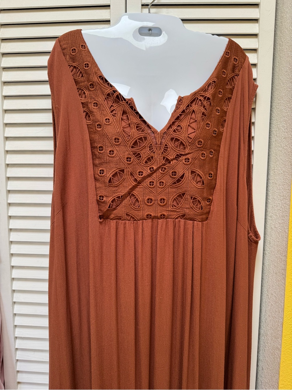 Avenue Crochet Yoke Maxi Dress in Rust